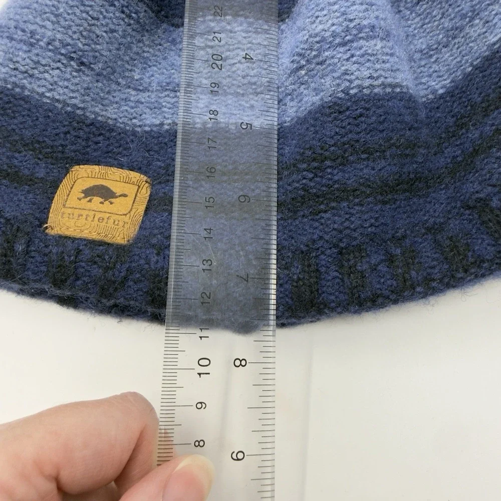 Turtle‎ Fur Blue Stipe Knit Lambswool Blend Winter Beanie Fleece Lined